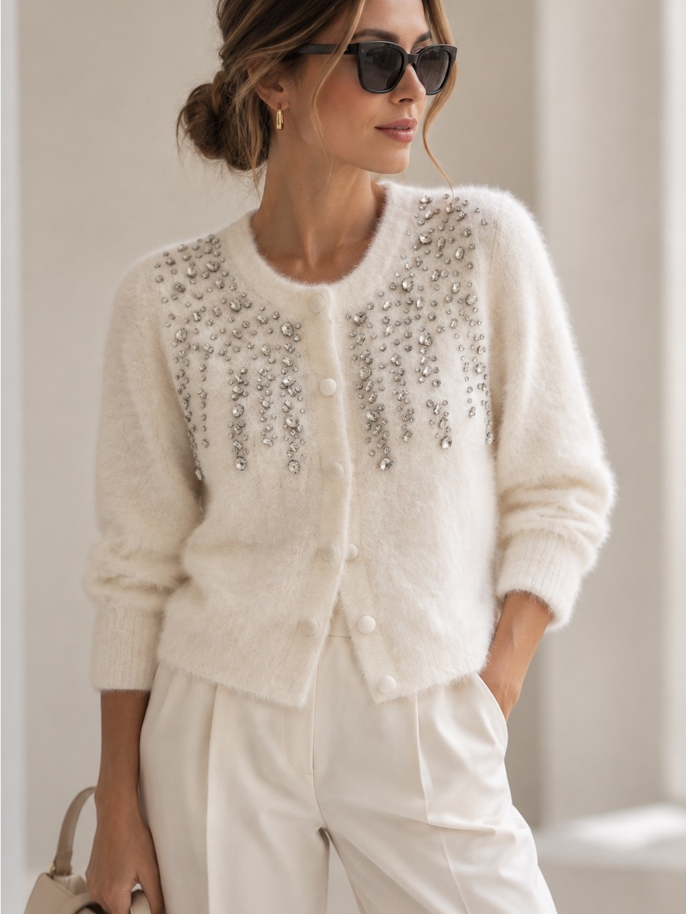 Rachel Zoe Embellished Fuzzy Cardigan Sweater Ivory Crystal Rhinestone S